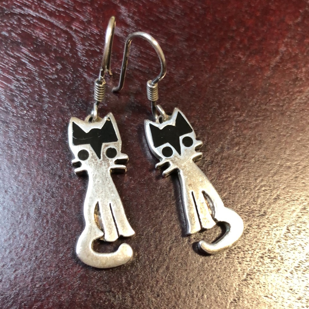 Sterling Silver Cat Earrings Dangle Pierced Mexico